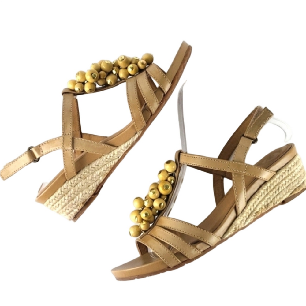 Nurture by Lamaze Tan Leather Wooden Beaded Strappy Espadrille Wedge Sandal